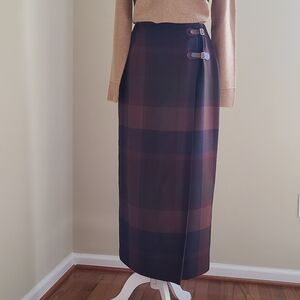 Lauren Ralph Lauren Wool Plaid Maxi Skirt Size 8 - Wrap Style w/Leather Buckles